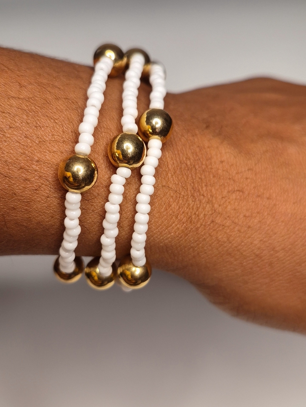 White and Gold Beaded Stretch Bracelet - Women Jewelry